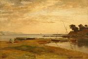 Albert Hertel Coastline at low tide in the evening light. Resting in the foreground dry sailing boats Sweden oil painting artist